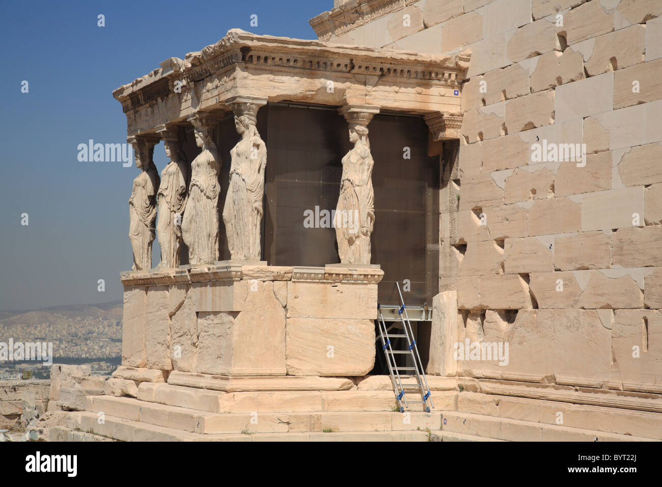 The Erectheion on the Porch of the Caryatids maidens on the Acropolis in Athens Greece Stock Photo