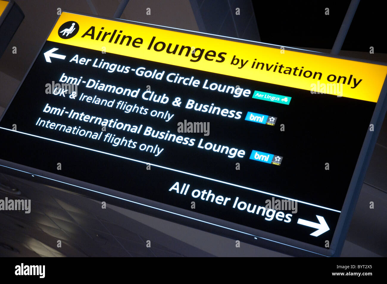 Airline lounge sign at London Heathrow airport, UK Stock Photo