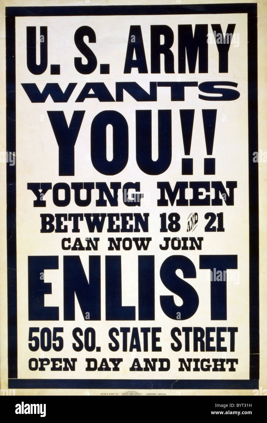 Recruitment poster, U.S. Army wants you!! Young men between 18 and 21 can now join. 1917 Stock Photo
