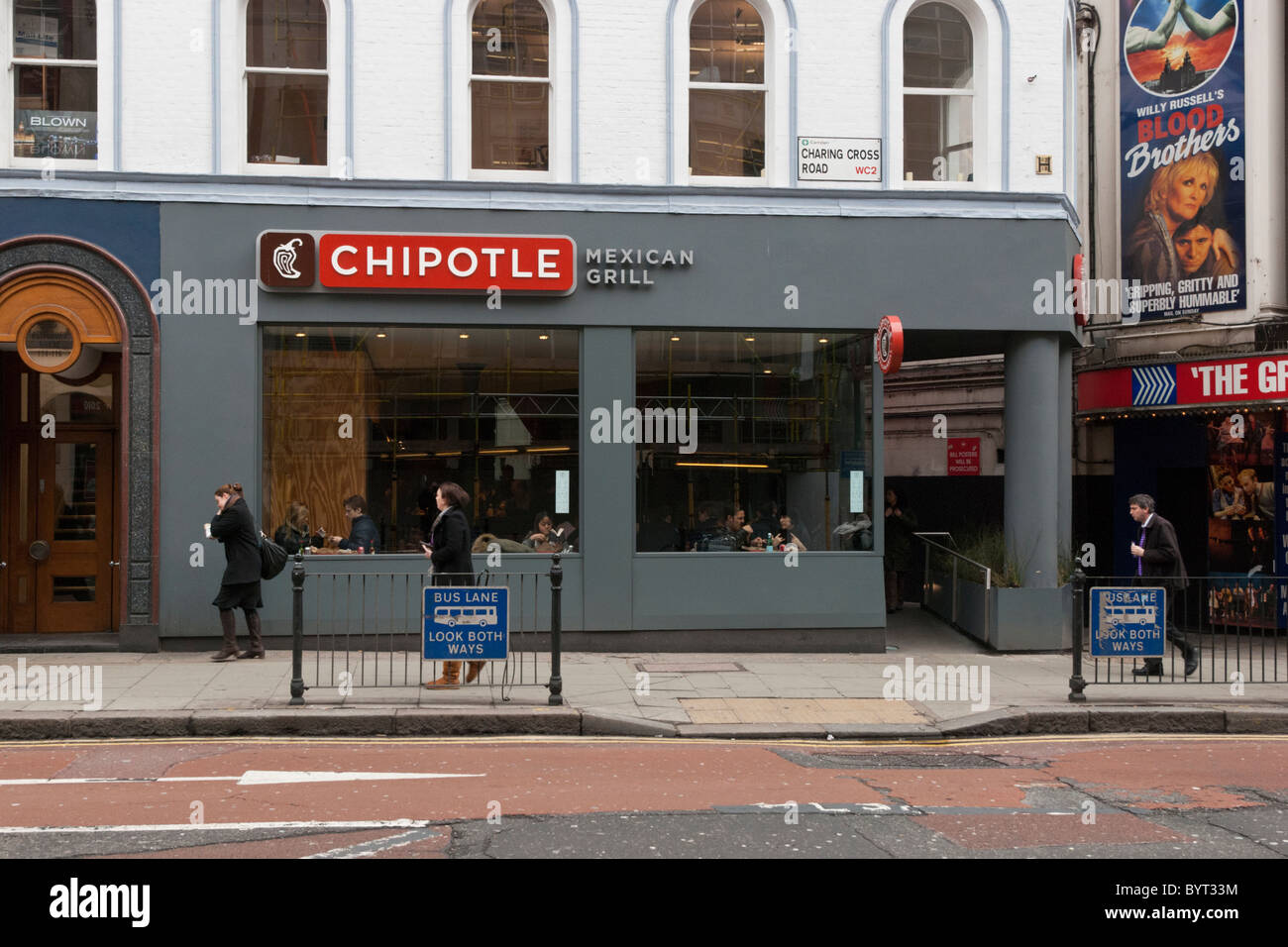 American fast Mexican food chain Chipotle's first UK restaurant on Charing Cross Road, London, WC2 Stock Photo