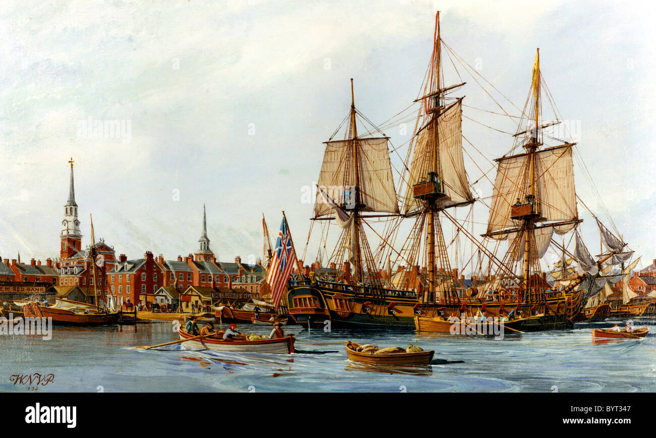 Raising the Grand Union flag on Continental Ship Alfred, 3 December 1775. Stock Photo