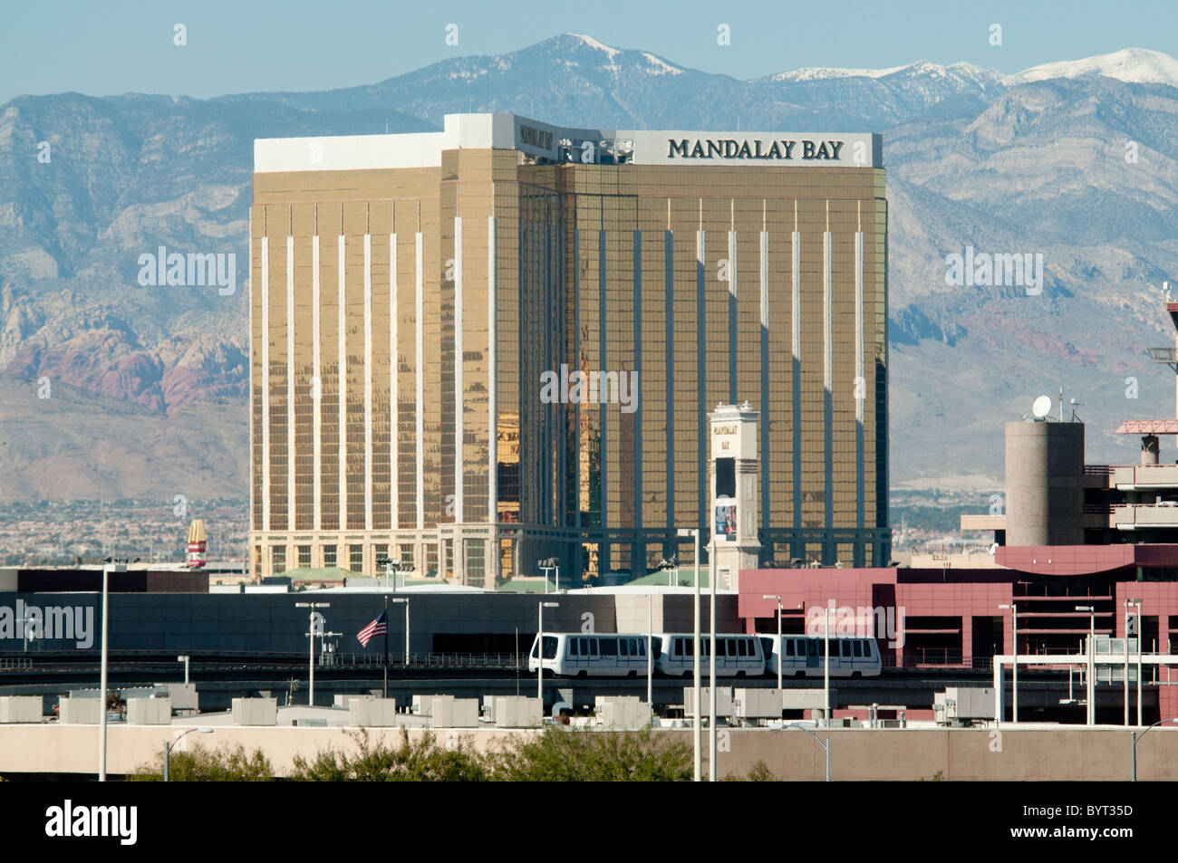 The Mandalay Bay Hotel Resort, Las Vegas, Nevada, USA, showing the monorail Stock Photo