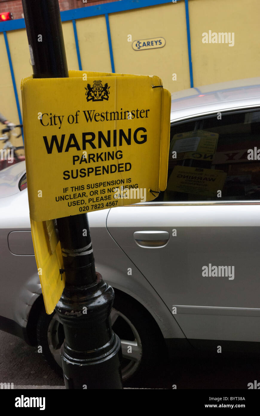 Parking suspension notice on Little Newport Street, London WC2. This
