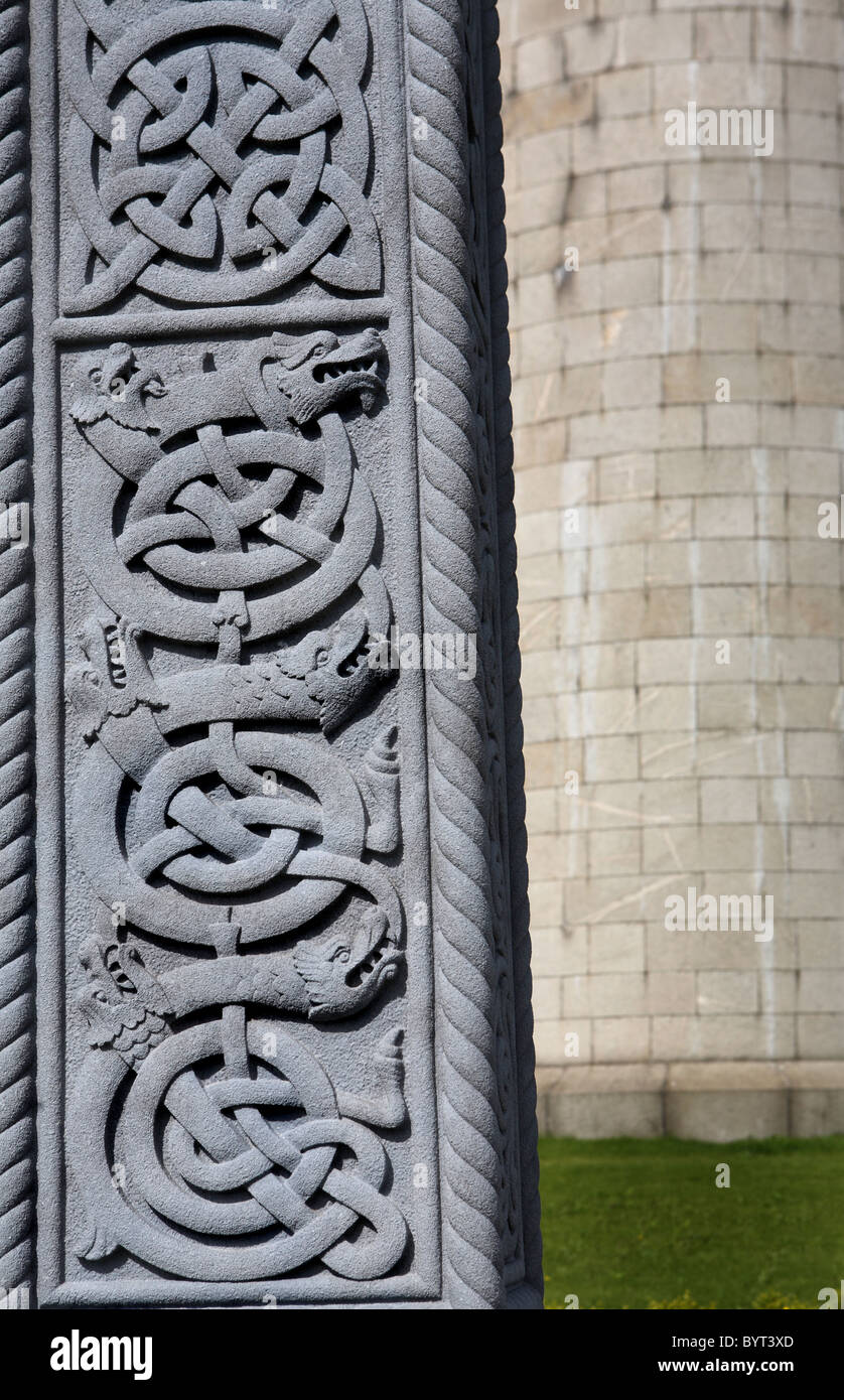 Celtic engraving on stone cross Stock Photo