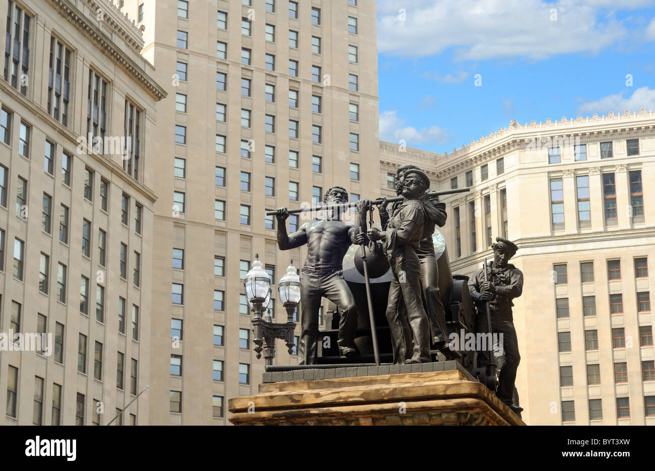Cleveland Ohio's Terminal Tower looming over statuary on the Soldiers and Sailors Monument (Civil War, erected in 1894) Stock Photo