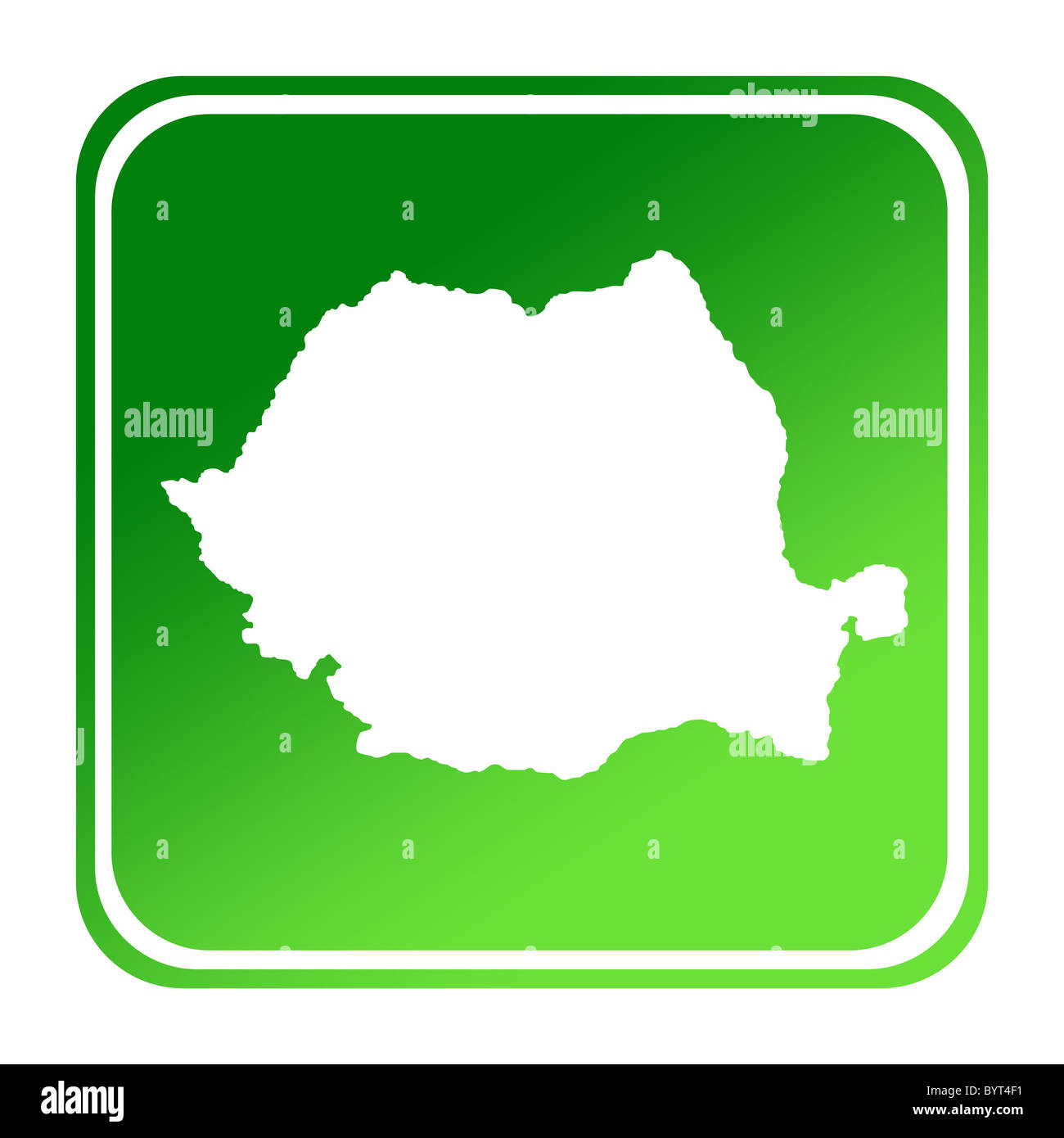 Romania map button in gradient green; isolated on white background with clipping path. Stock Photo