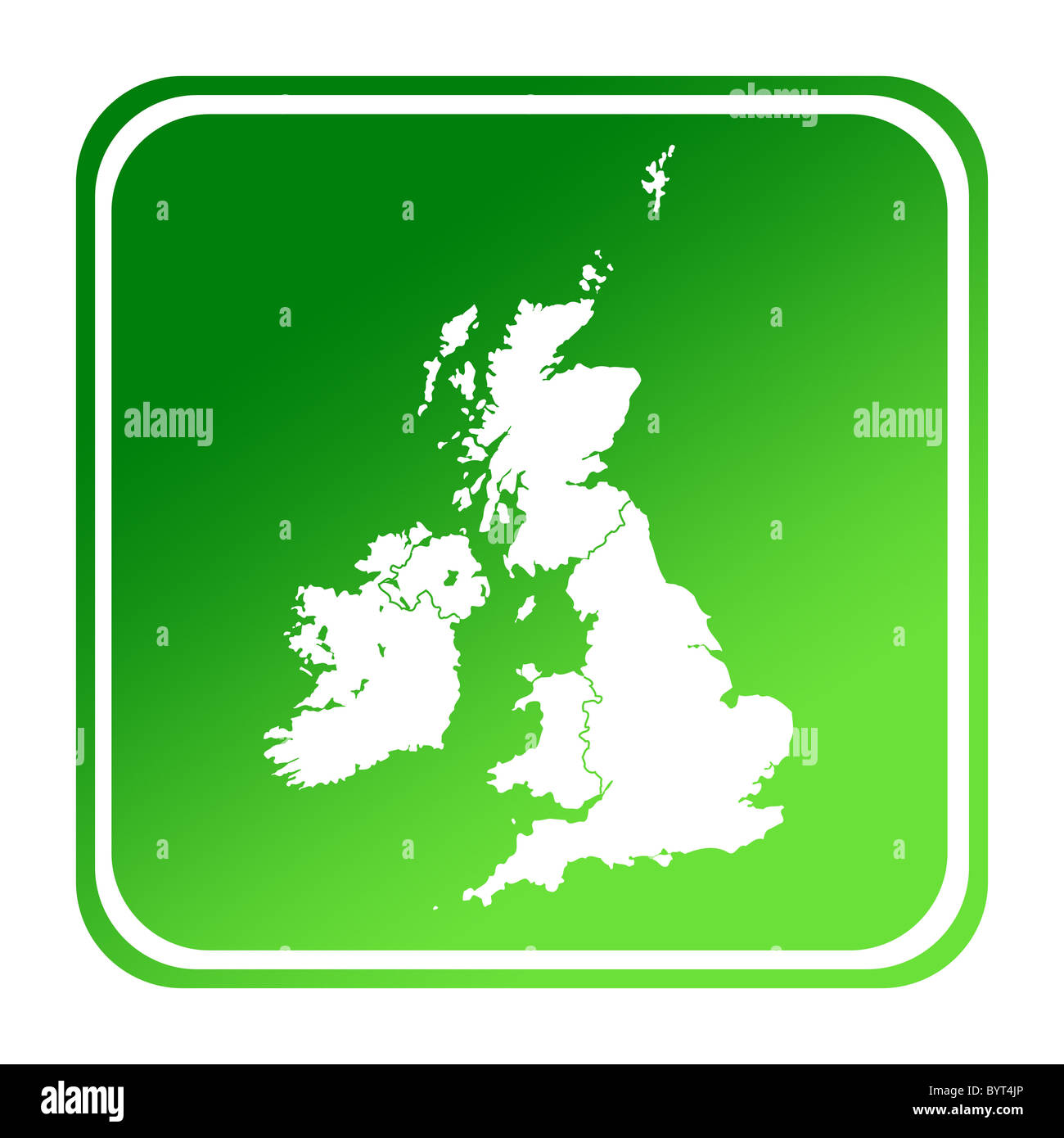 UK or England map button in gradient green; isolated on white background with clipping path. Stock Photo