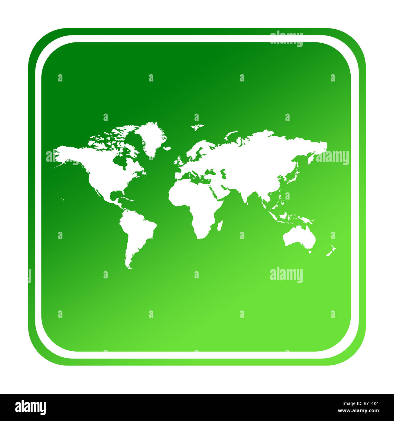 World or Earth map button in gradient green; isolated on white background with clipping path. Stock Photo