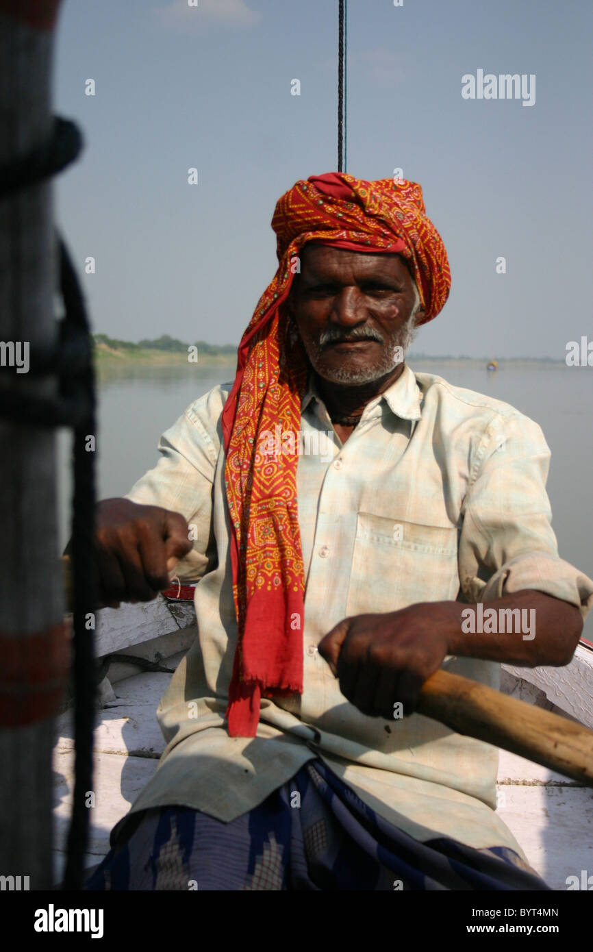 This is a boatman on the Ganges in India Stock Photo