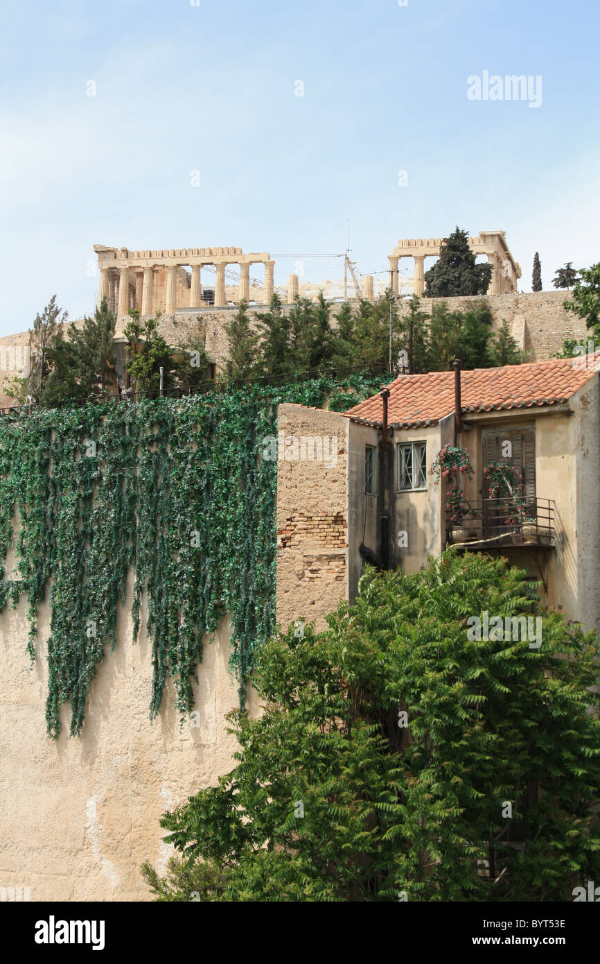 A view of the Parthenon from restaurant of the new Acropolis museum. Stock Photo