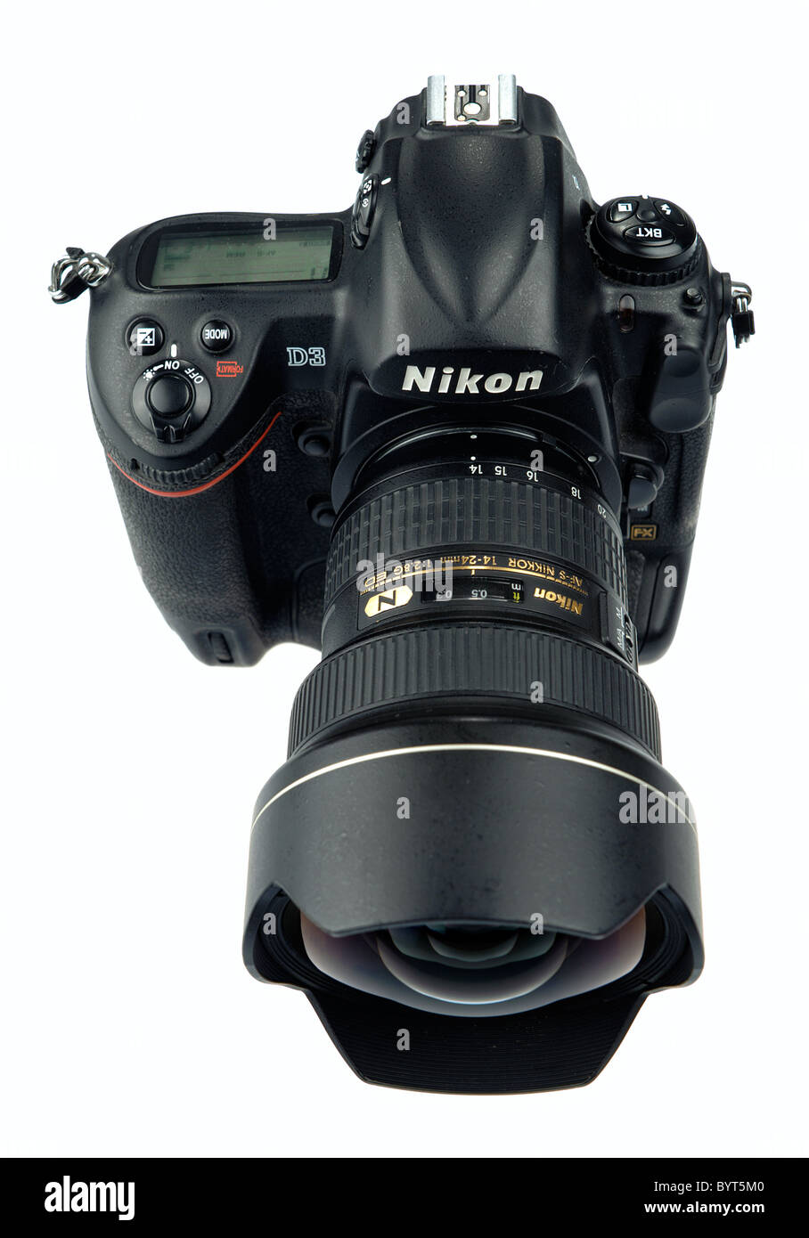 High angle view of a Nikon D3 digital camera with Nikkor 14-24mm f/2.8 ultra wide angle lens cutout on white background Stock Photo