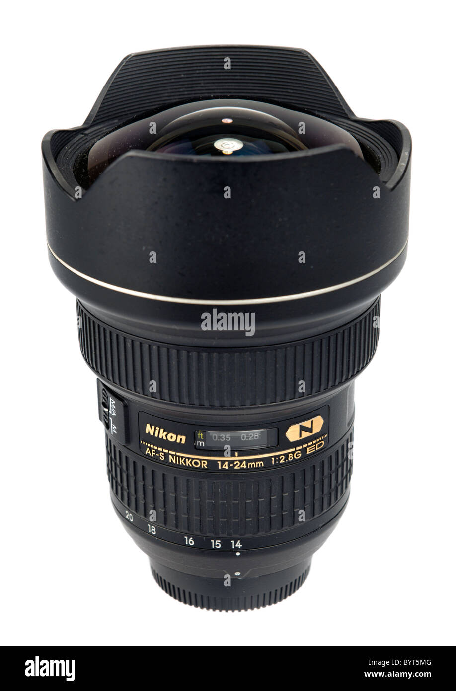 Nikkor 14-24mm f/2.8 ultra wide angle lens for Nikon cameras cutout on white background Stock Photo