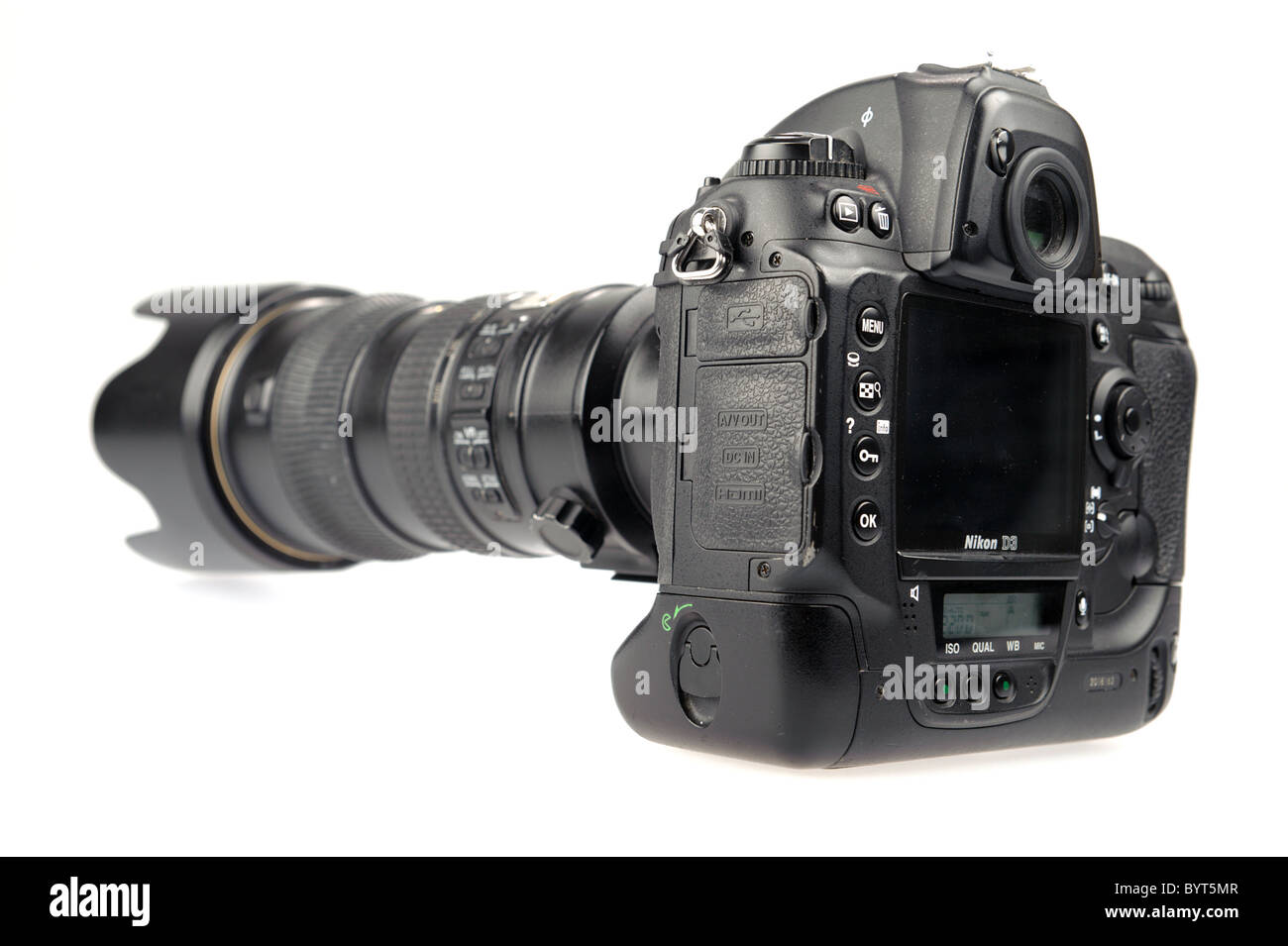 Rear view of a Nikon D3 digital camera with Nikkor 70-200mm 2.8 VR lens cutout on white background Stock Photo