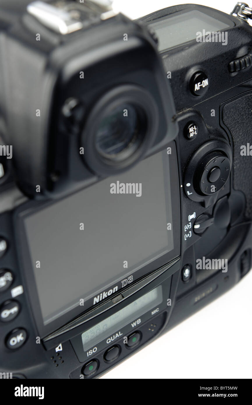 Detail shot of a Nikon D3 digital camera cutout on white background Stock Photo