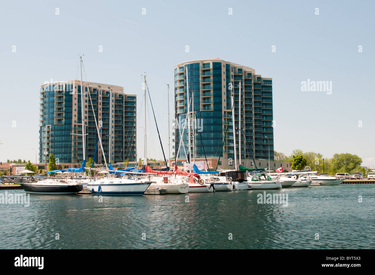Marina in Barrie Ontario with boats and condos Stock Photo