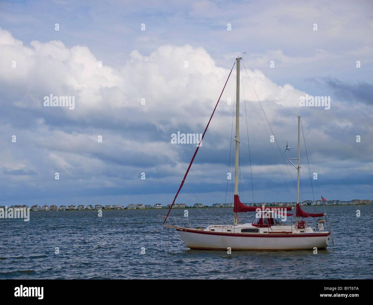 Sail boat at anchor Abermarle Sound in Manteo on Roanoke Island in