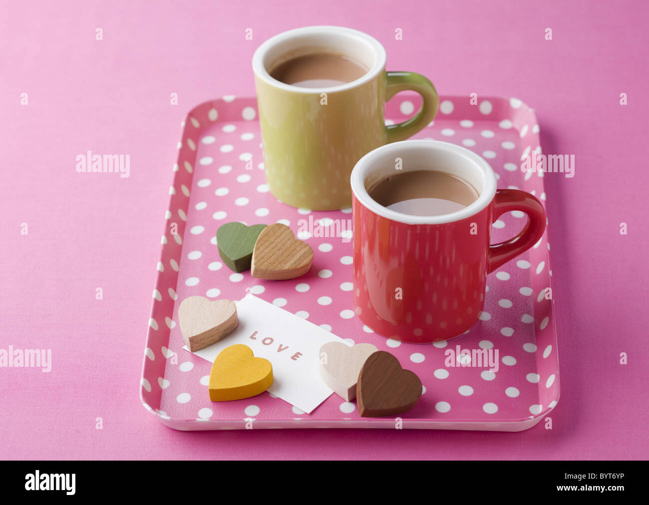 Two cups of hot chocolate and greeting card Stock Photo