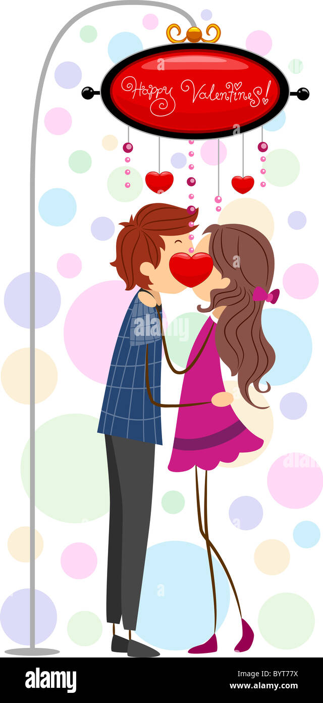 Illustration of a Couple Kissing Under a Lamppost Stock Photo