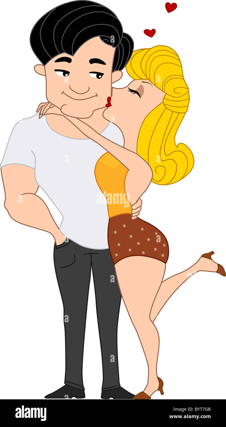 Illustration of a Pinup Girl Giving a Guy a Kiss on the Cheek Stock Photo