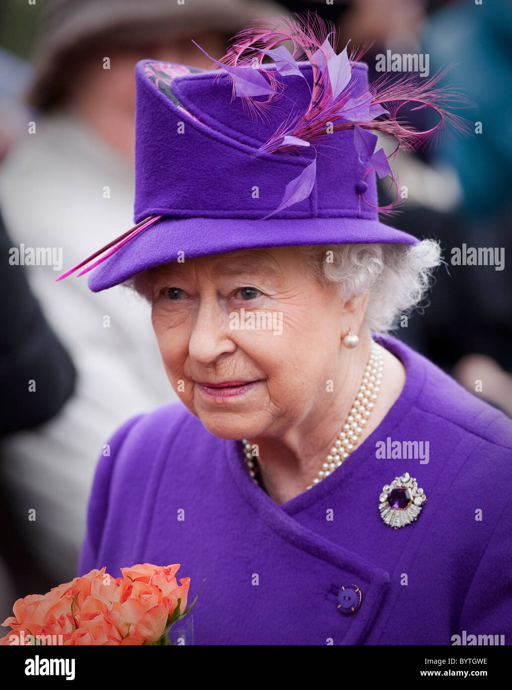 Britain's Queen Elizabeth attends a Sunday service at the parish church in the Norfolk village of West Newton Stock Photo