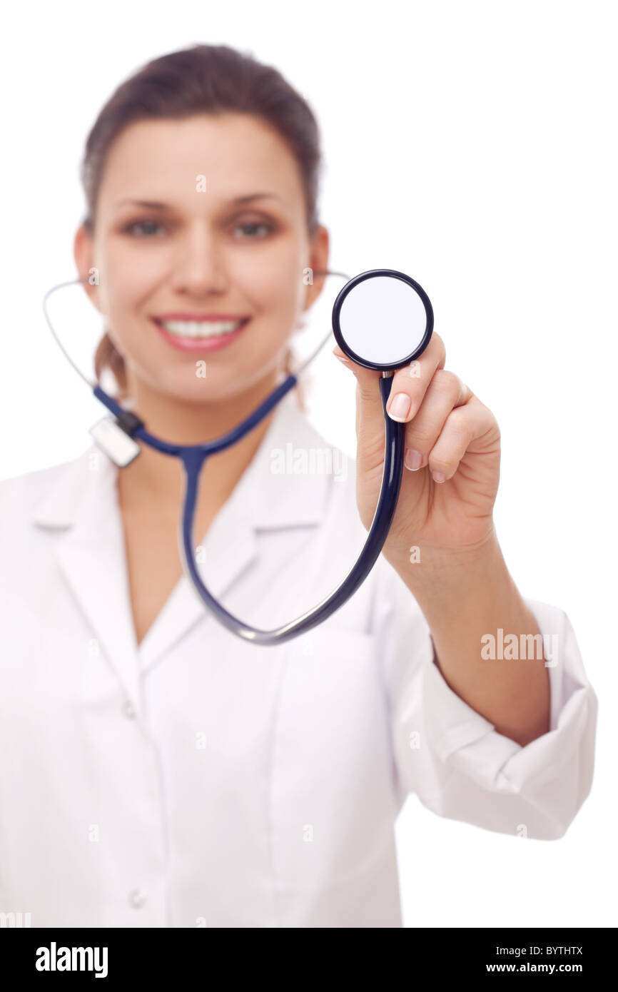 Portrait of smiling woman in medical uniform. Stock Photo