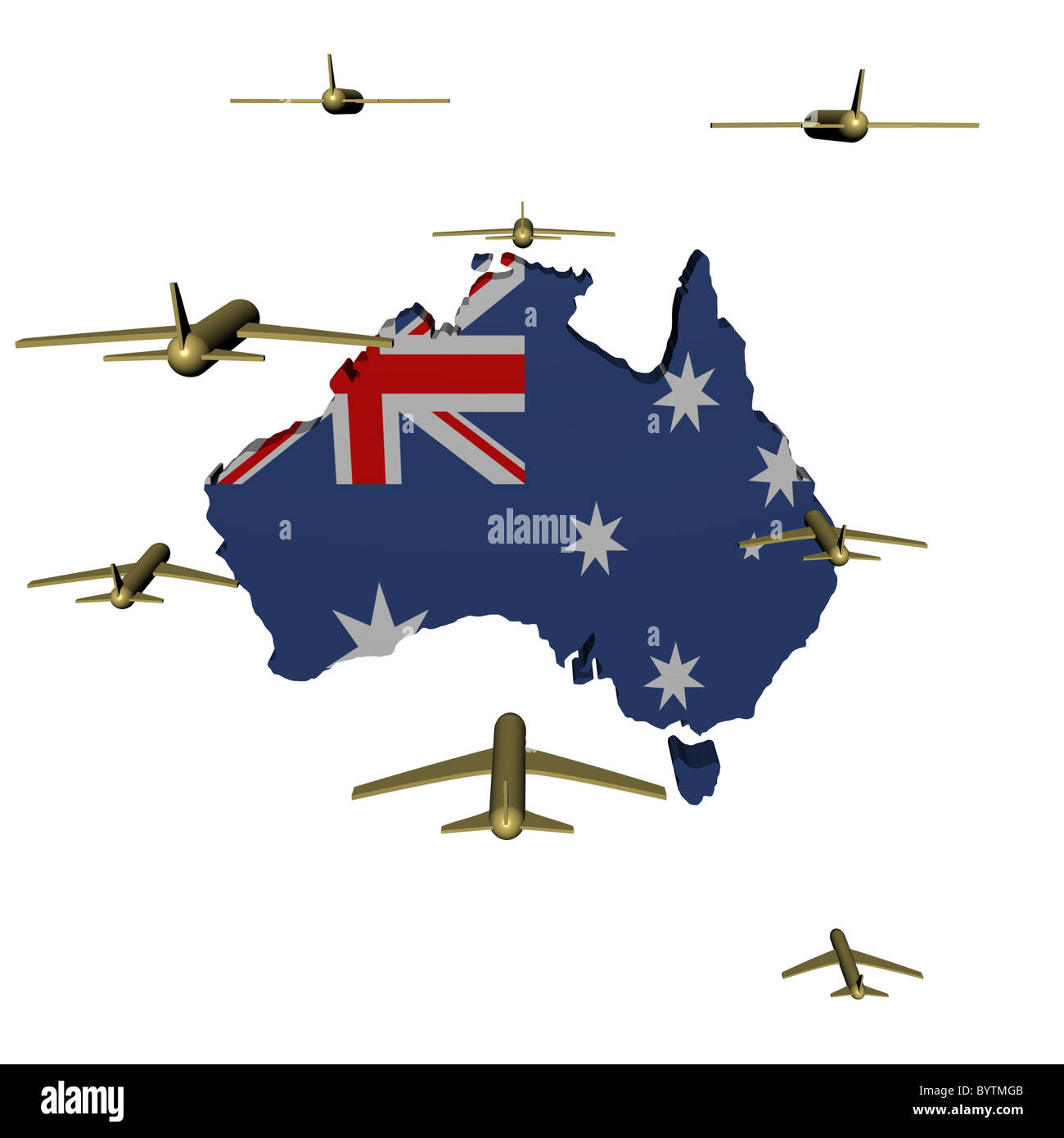 Abstract planes flying towards Australia map flag illustration Stock Photo