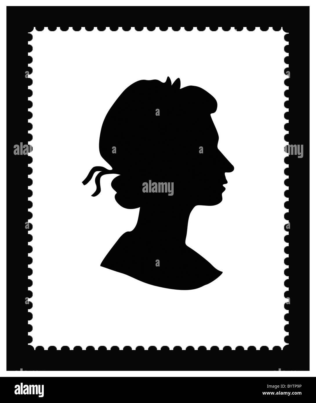 Black and white stamp, silhouette of Queen Elizabeth 2nd on white  background Stock Photo - Alamy, image size:1090x1390