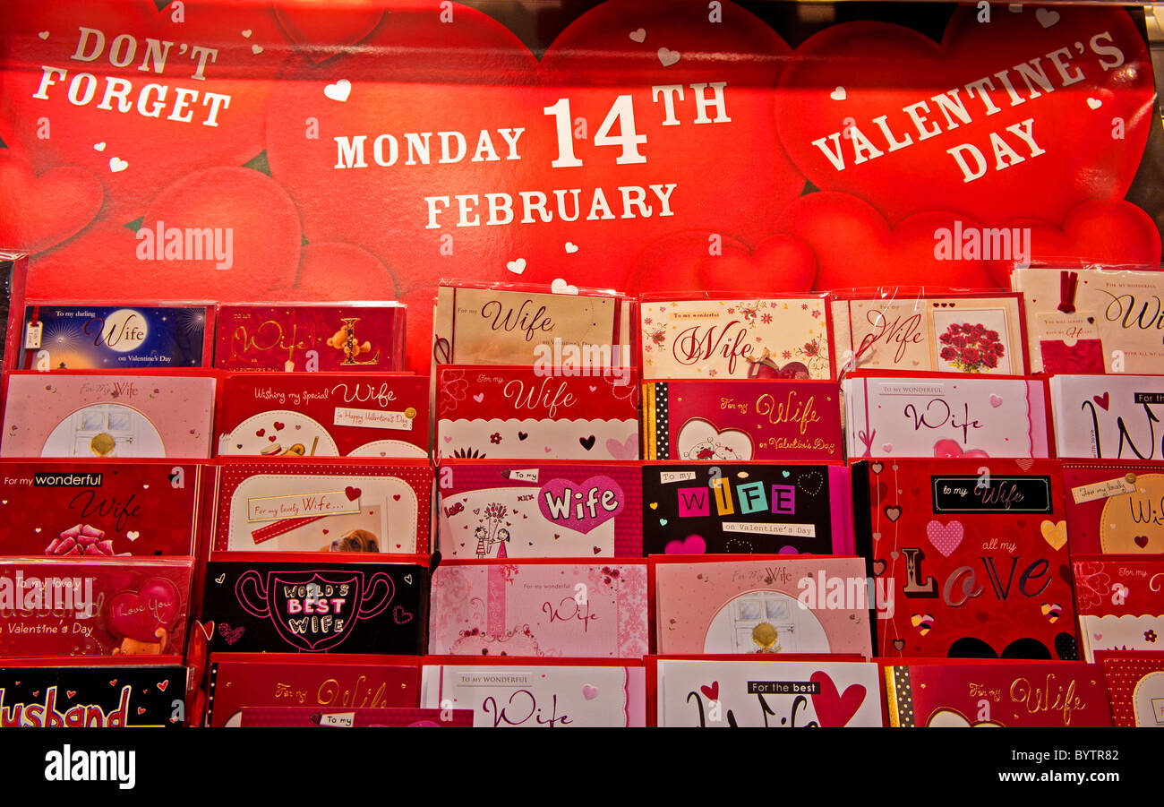 Valentine cards on display in a card shop, UK Stock Photo