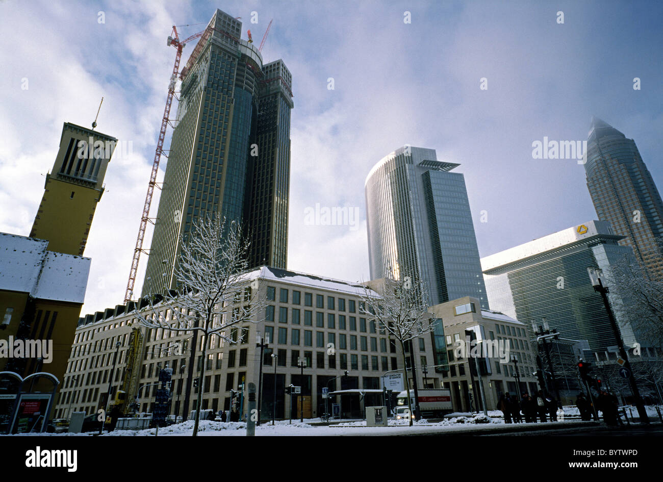 Tower 185, left of Castor and Pollux (centre) and Messeturm (Trade Fair Tower) in the German city of Frankfurt. Stock Photo