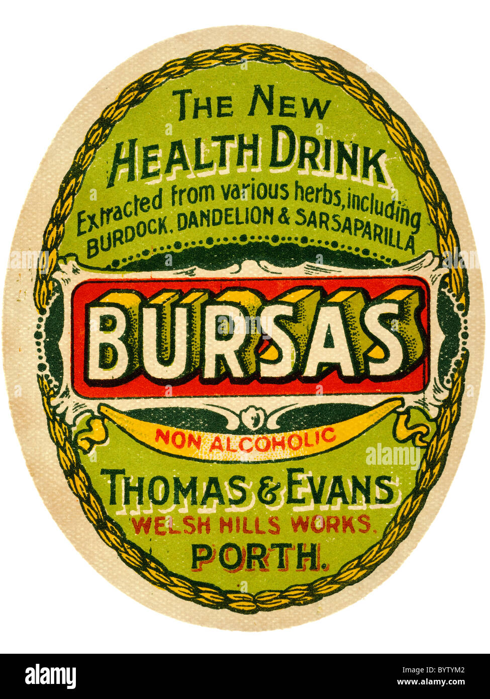 Old paper pop label for Bursas non alcoholic drink from Thomas & Evans Welsh Hills Works Porth. EDITORIAL ONLY Stock Photo