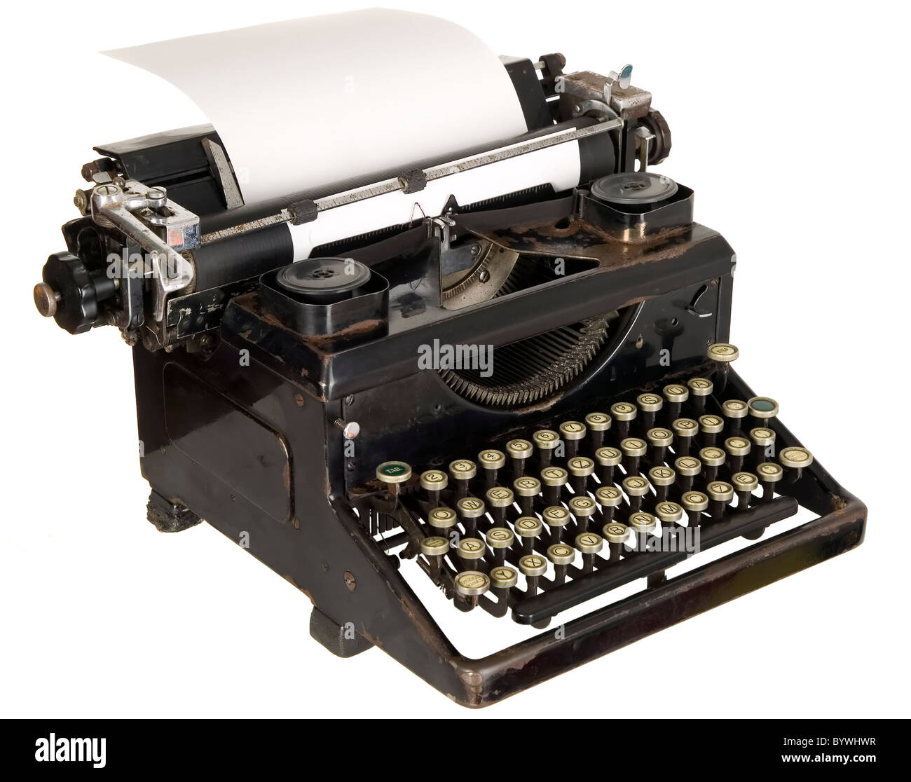 Old antique white typewriter with black keys Stock Photo