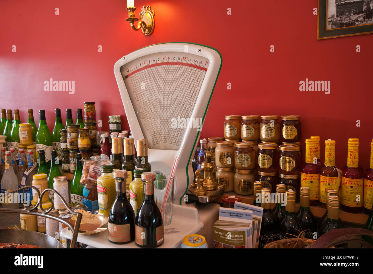 Manual Weighing Scales and Produce Inside a Village Shop Stock Photo