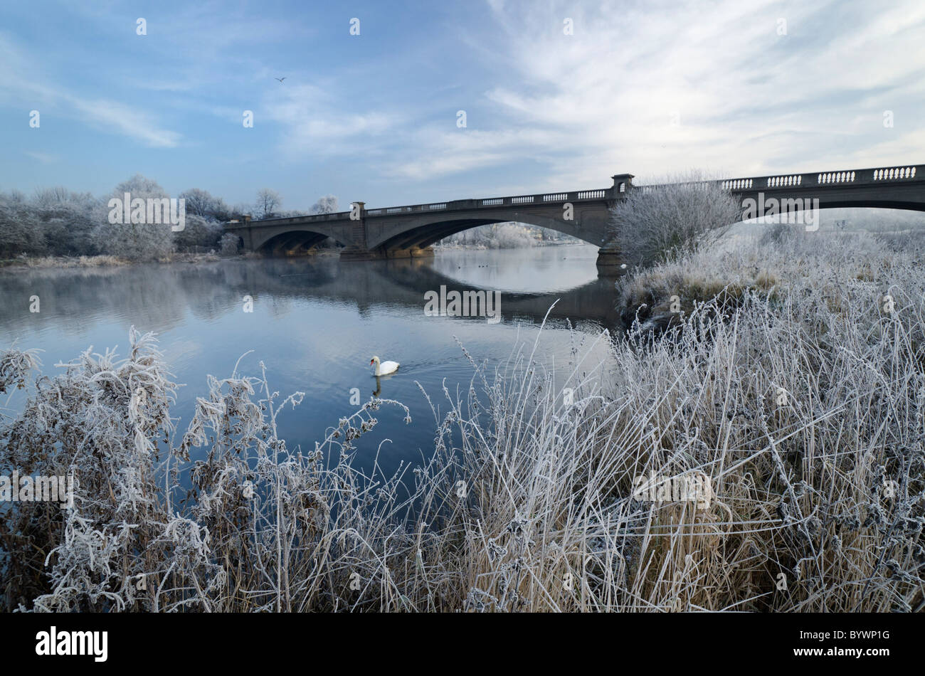 Gunthorpe Bridge near Nottingham, Nottinghamshire, England, which crosses the River Trent, on a cold and frosty winter morning. Stock Photo