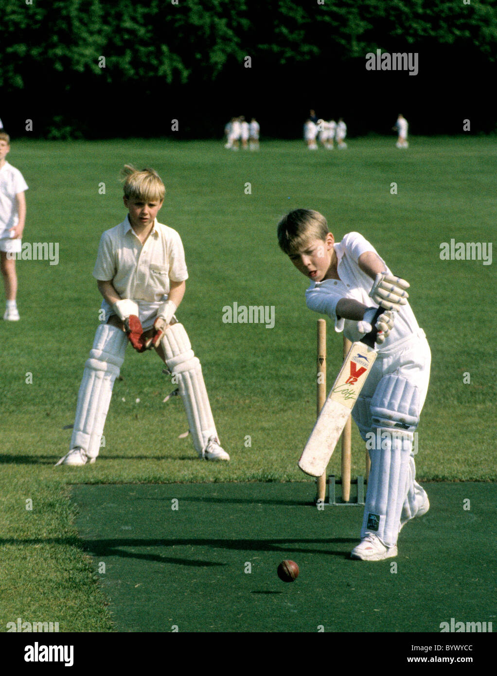 schoolboys playing cricket Stock Photo