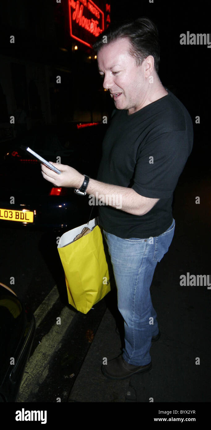 Ricky Gervais leaving The Ivy restaurant after celebrating his 46th