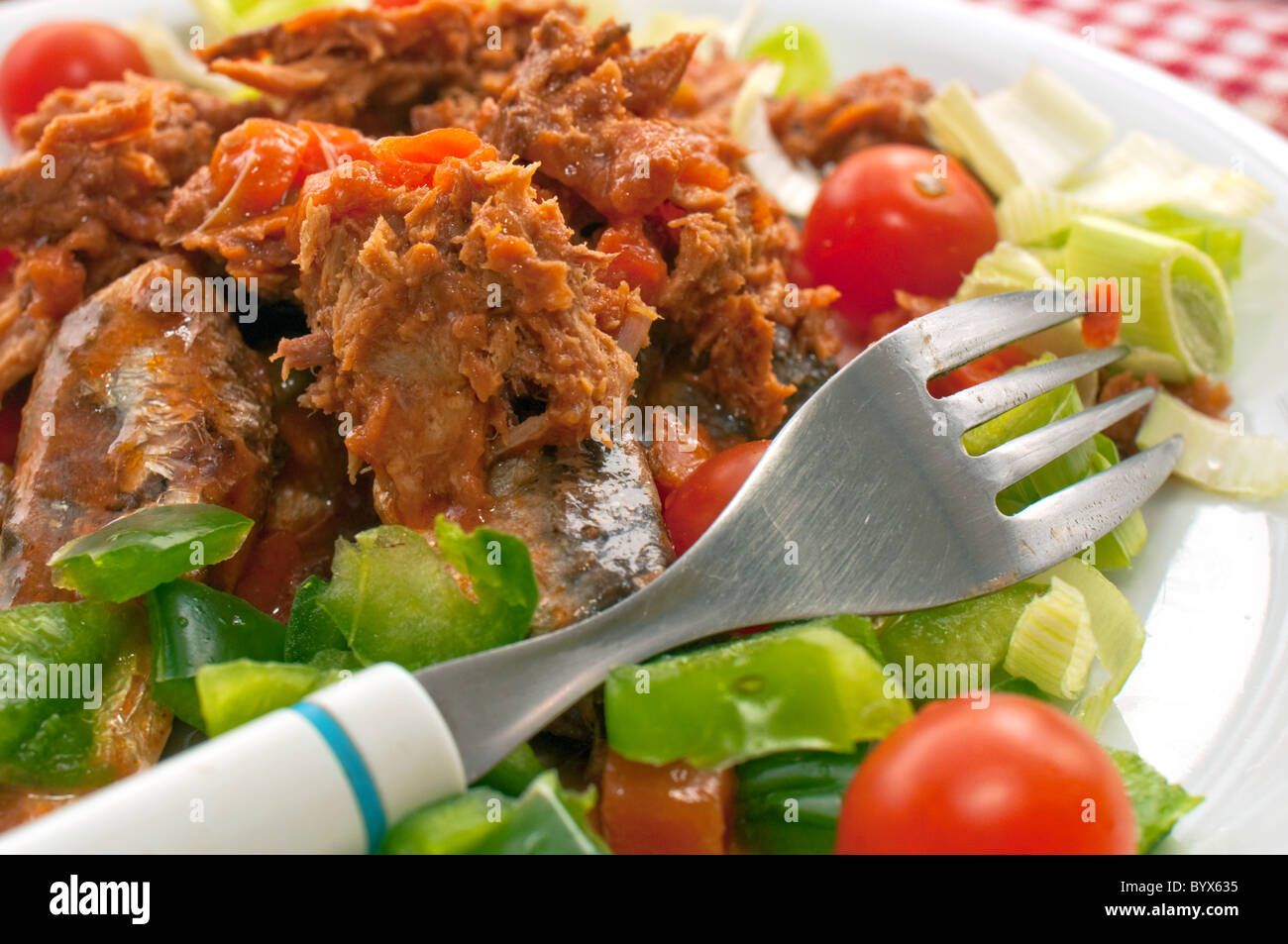 Sardines on a plate served with various vegetables Stock Photo