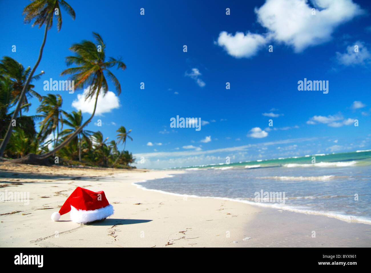 Santa hat on tropical beach,Dominican Republic, Punta Cana Stock Photo