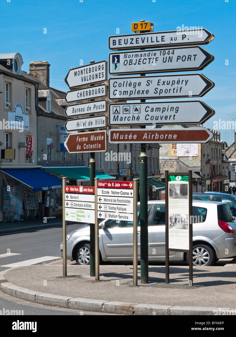 French road sign in  Ste-Mere-Eglise Street Stock Photo