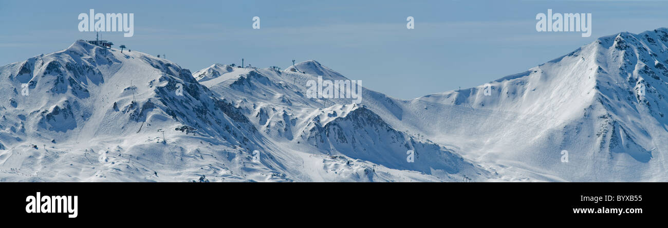 Panorama of mountains above the French Alpine ski resort of La Plagne ...