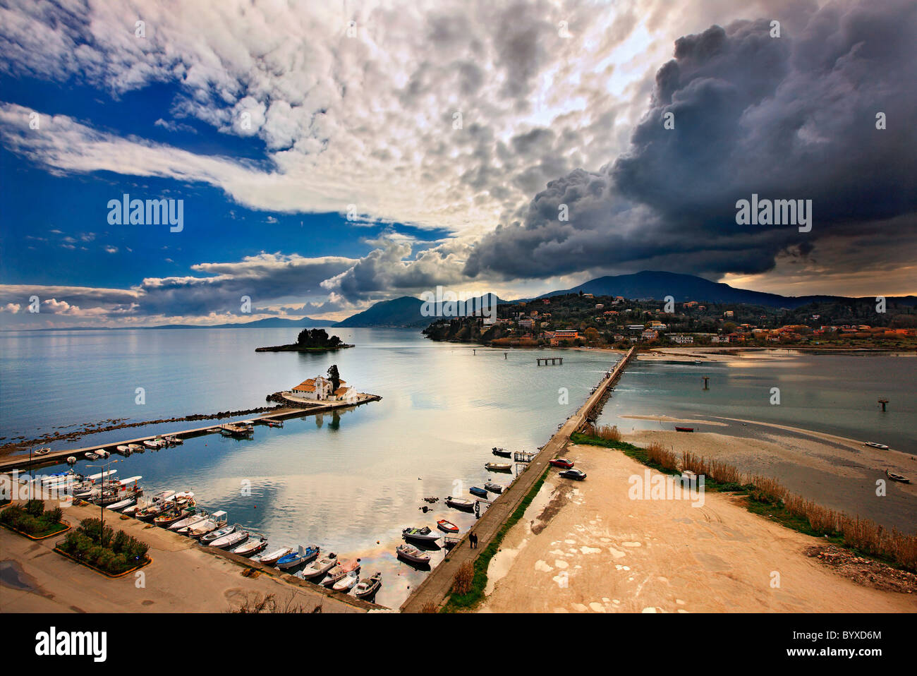 Panoramic view of Vlachernon monastery, Pontikonissi ('mouse island'), and Halikiopoulou lagoon, from Kanoni, Corfu, Greece Stock Photo