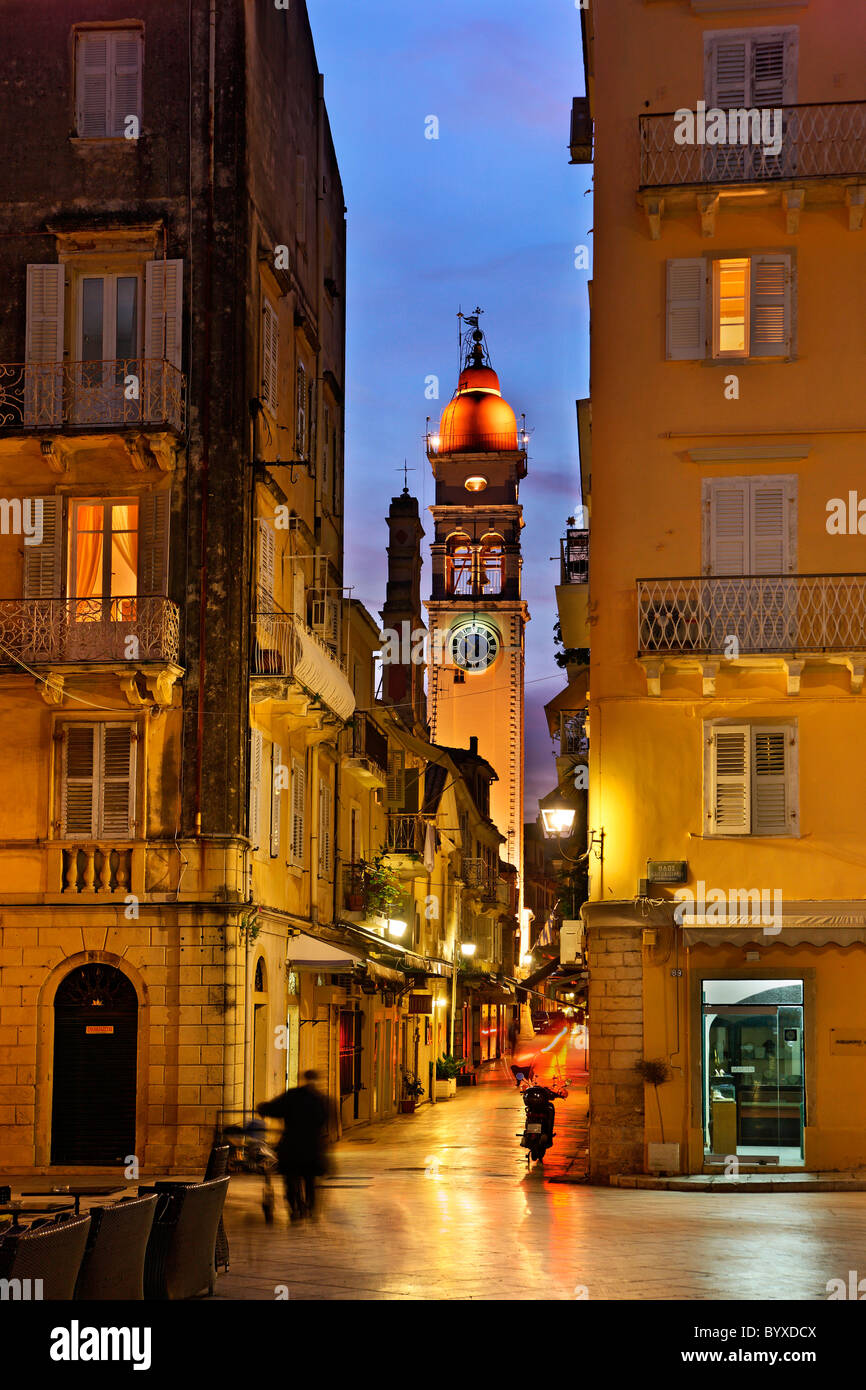 The bell tower of the church of Saint Spyridon, patron saint of Corfu ('Kerkyra') town and island, in the 'blue' hour. Greece Stock Photo