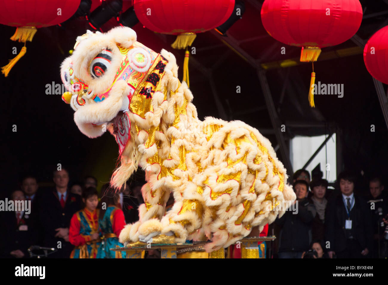 Chinese Lion acrobatics at Trafalgar Square during London's celebrations of the Chinese New year. England. Stock Photo