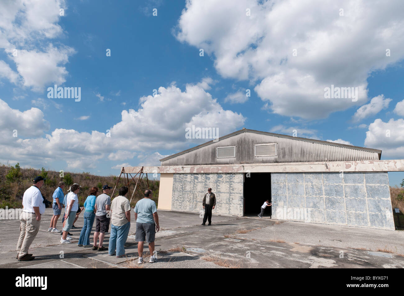 Park ranger leads tour of Nike Hercules Missile barn at Cuban Missile Crisis era site, Everglades National Park, Florida Stock Photo