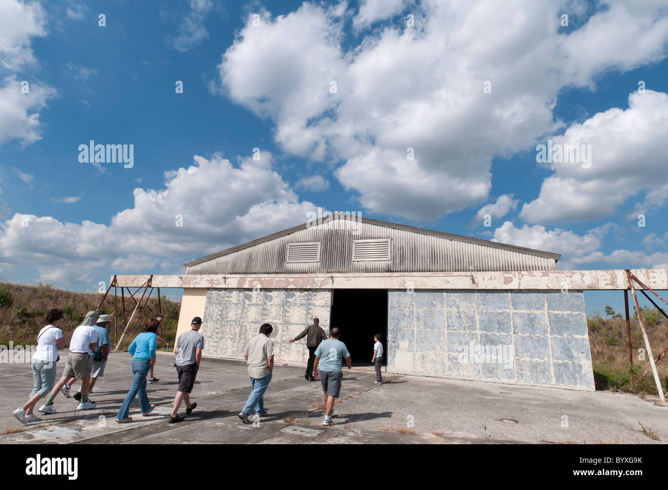 Park ranger leads tour of Nike Hercules Missile barn at Cuban Missile Crisis era site, Everglades National Park, Florida Stock Photo