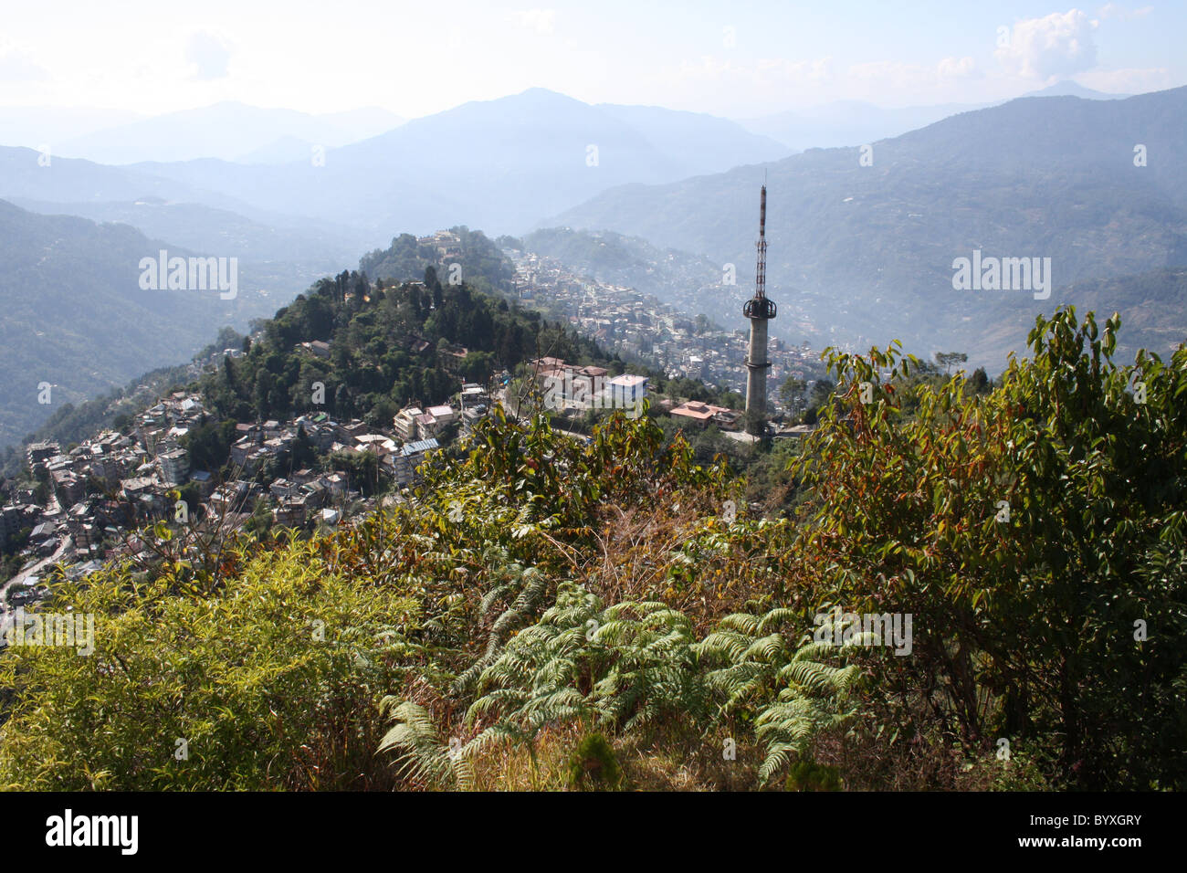 View of Gangtok Town from Ganesh Tok, near Gangtok, Sikkim, North East India. Stock Photo