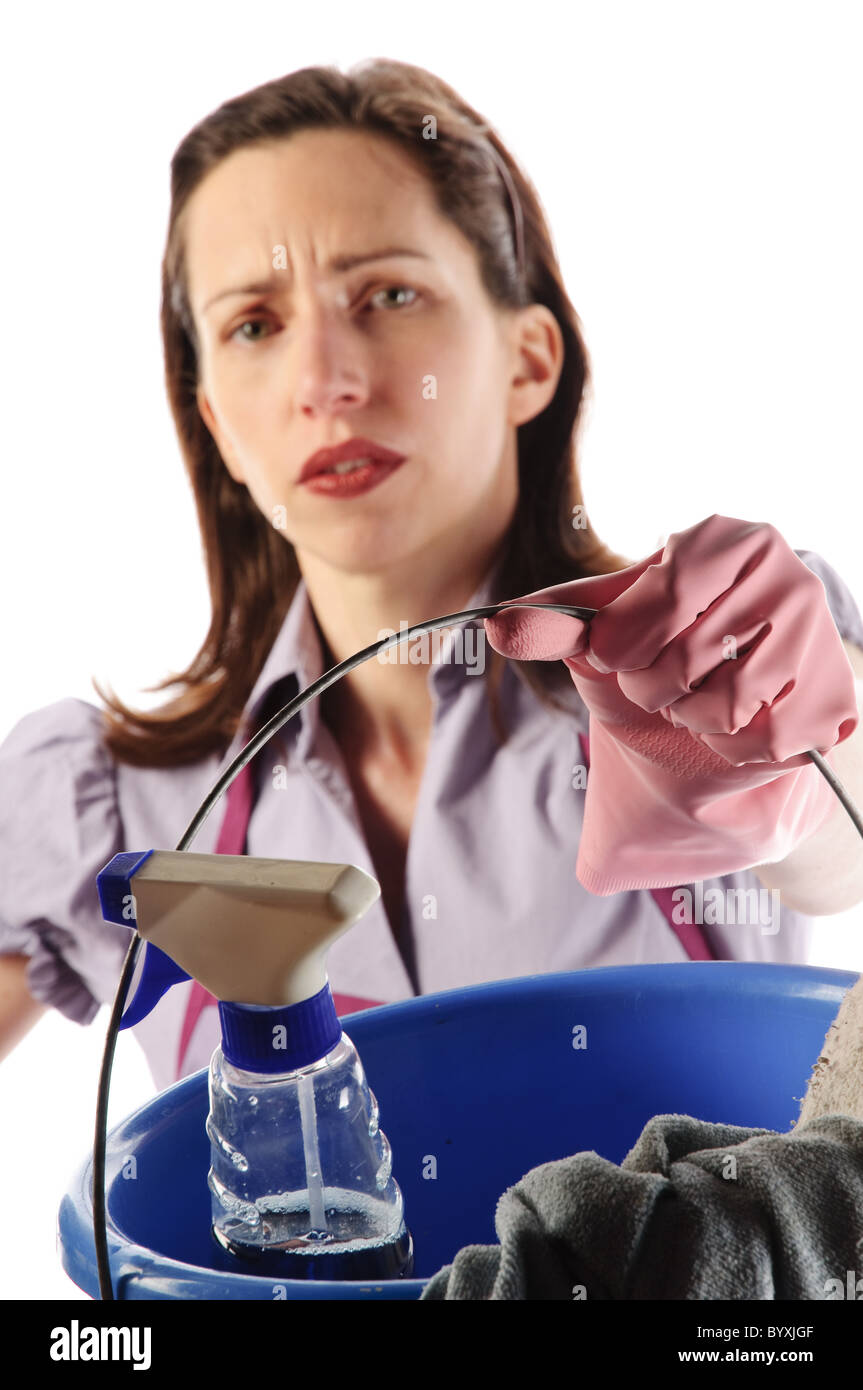 Housewife, cleaning lady with mop bucket frustrating Stock Photo Alamy