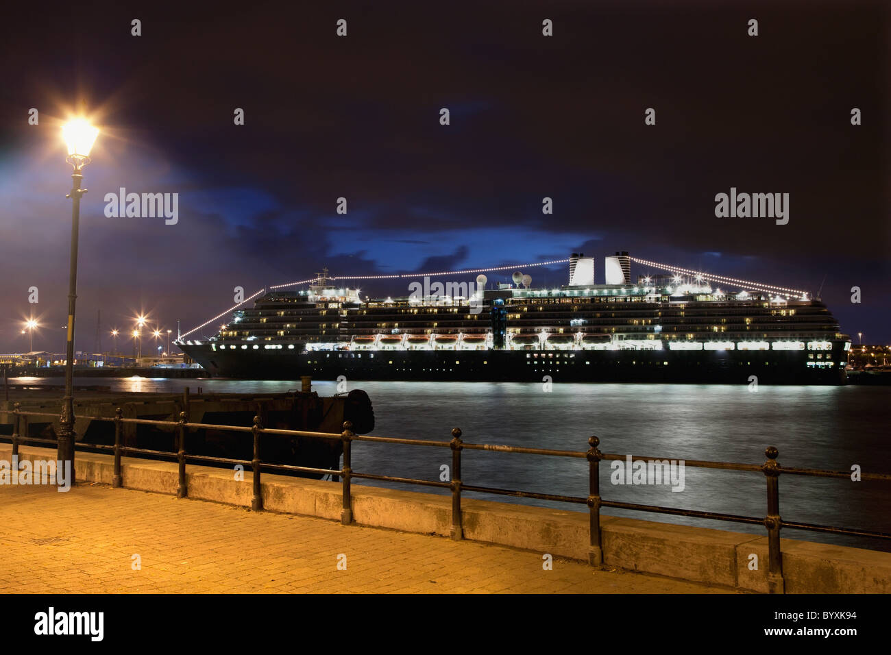 a cruise ship in the harbor illuminated at night; south shields, tyne and wear, england Stock Photo