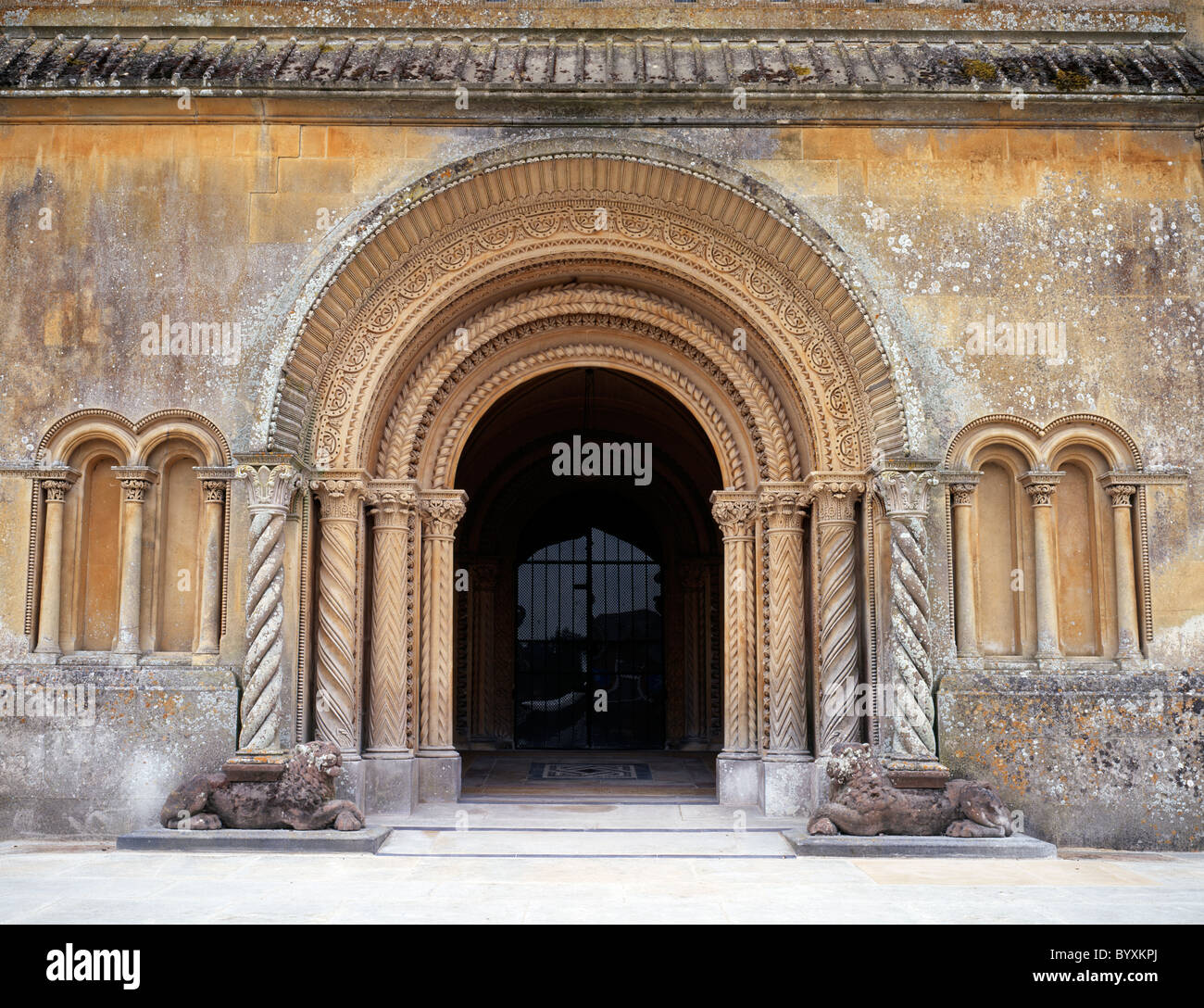 The main doorway of St Mary and St Nicholas Church in Wilton, Wiltshire, England. Stock Photo