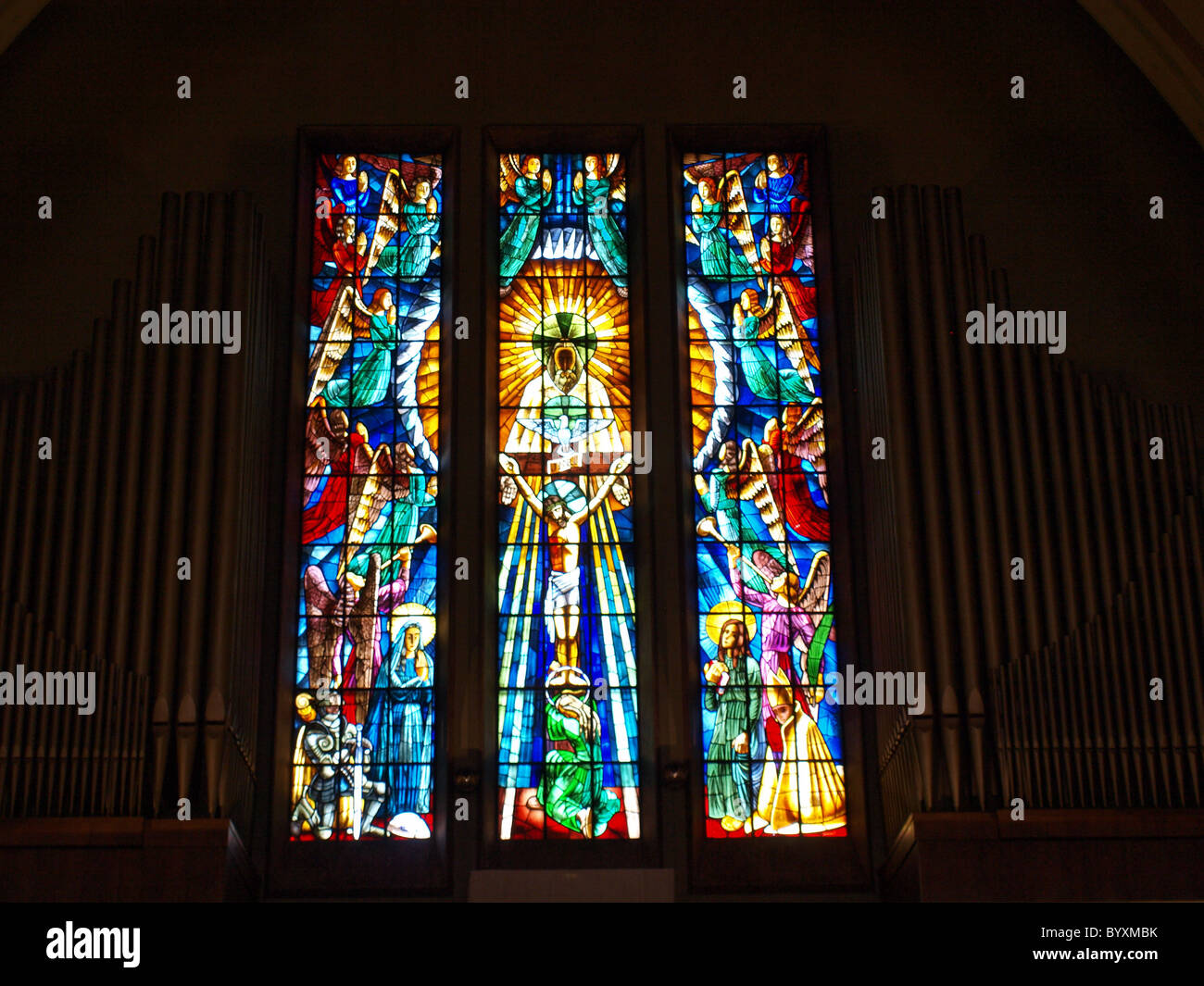 Satained glass panel by Almada Negreiros over the main entrance of the modernist Our Lady Of Fátima Church in Lisbon Stock Photo