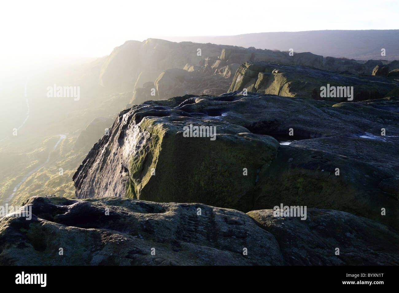 A misty morning on the Cow and Calf, Rocks, a grit stone outcrop on Ilkley Moor in West Yorkshire Stock Photo